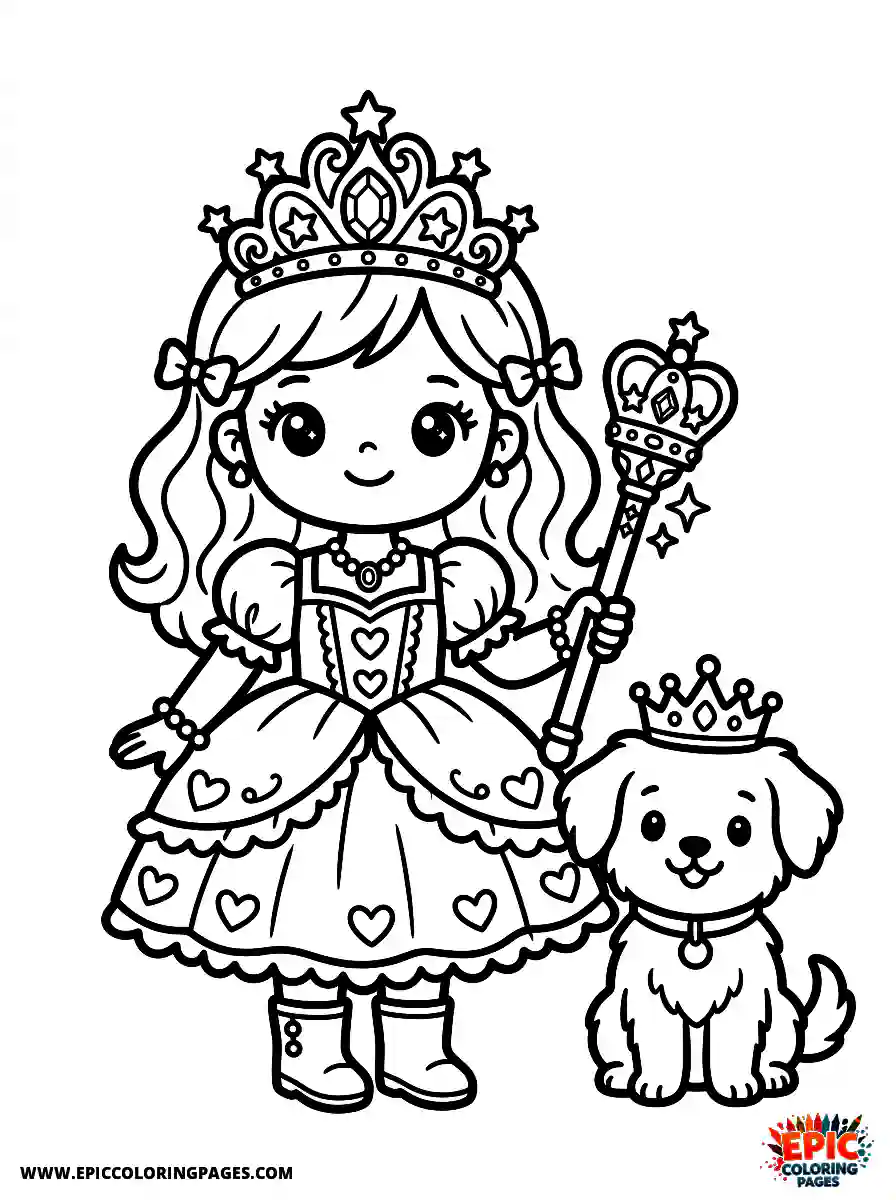 Girl with Dog Cute girl with dog kawaii style wearing a sparkling princess crown holding a royal scepter