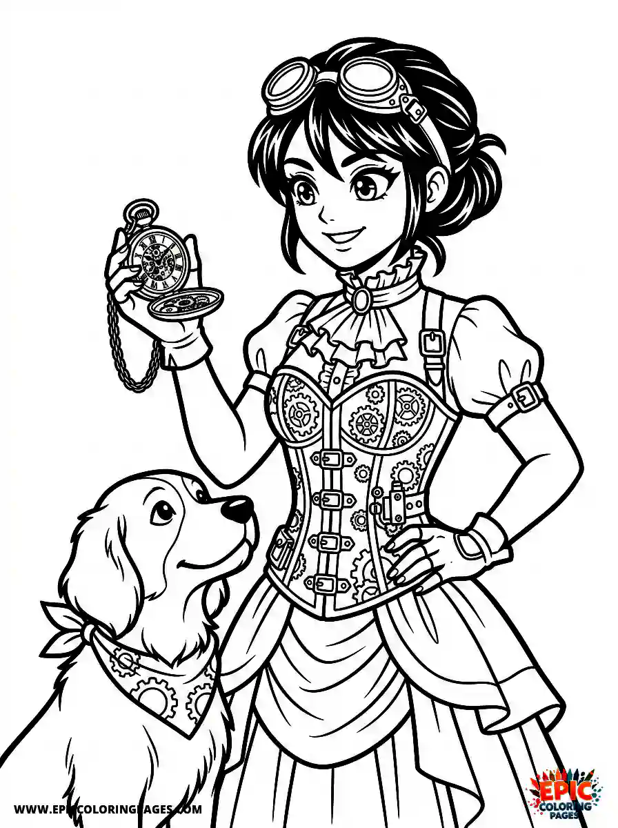 Girl with Dog Cute girl with dog manga style holding a small mechanical pocket watch wearing a steampunk corset
