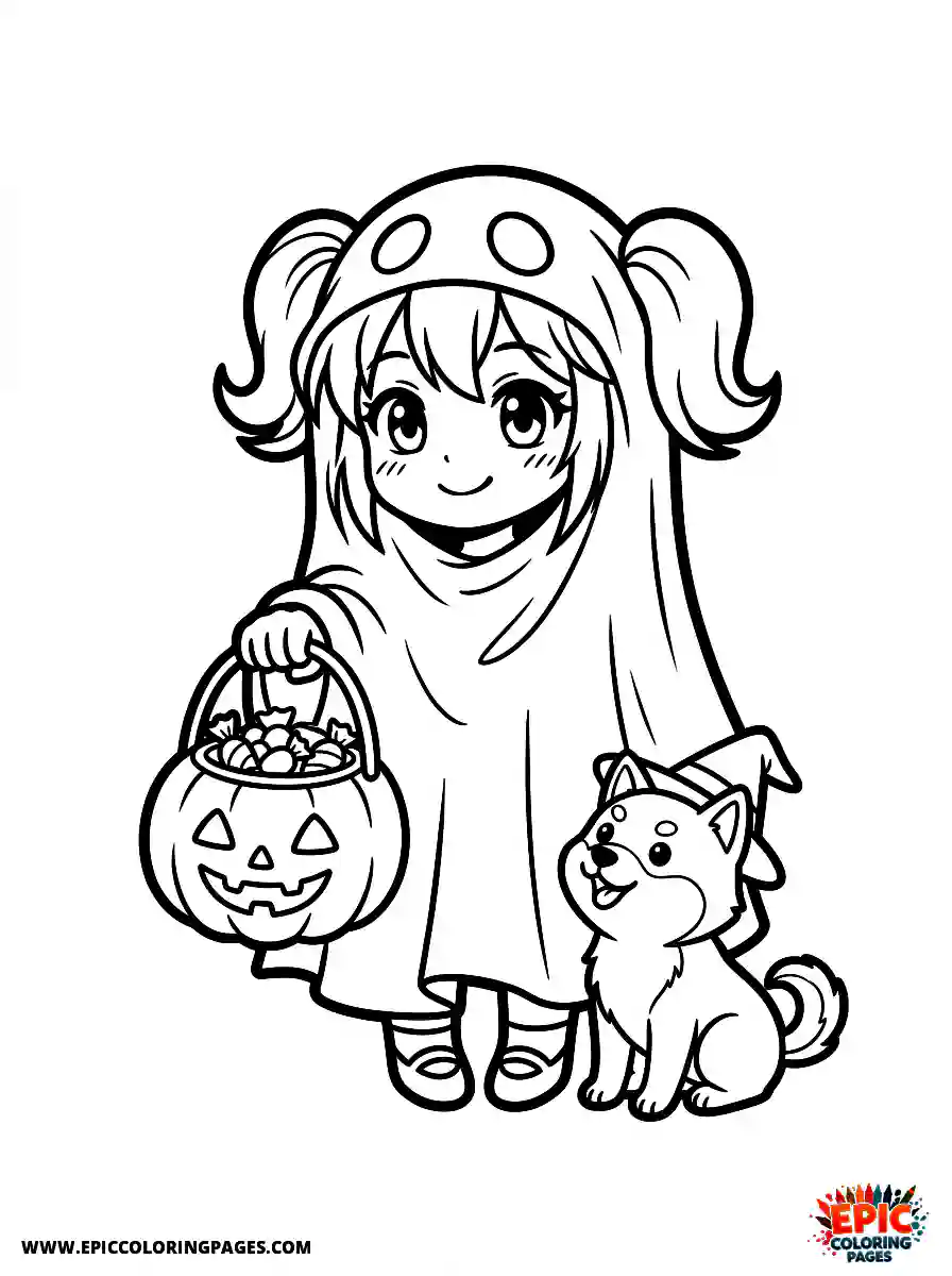 Girl with Dog Cute girl with dog manga style holding a trick or treat bucket dressed as a ghost