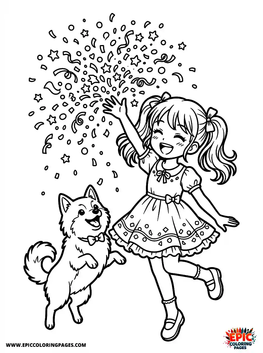 Girl with Dog Cute girl with dog manga style tossing a bundle of colorful confetti wearing a party dress