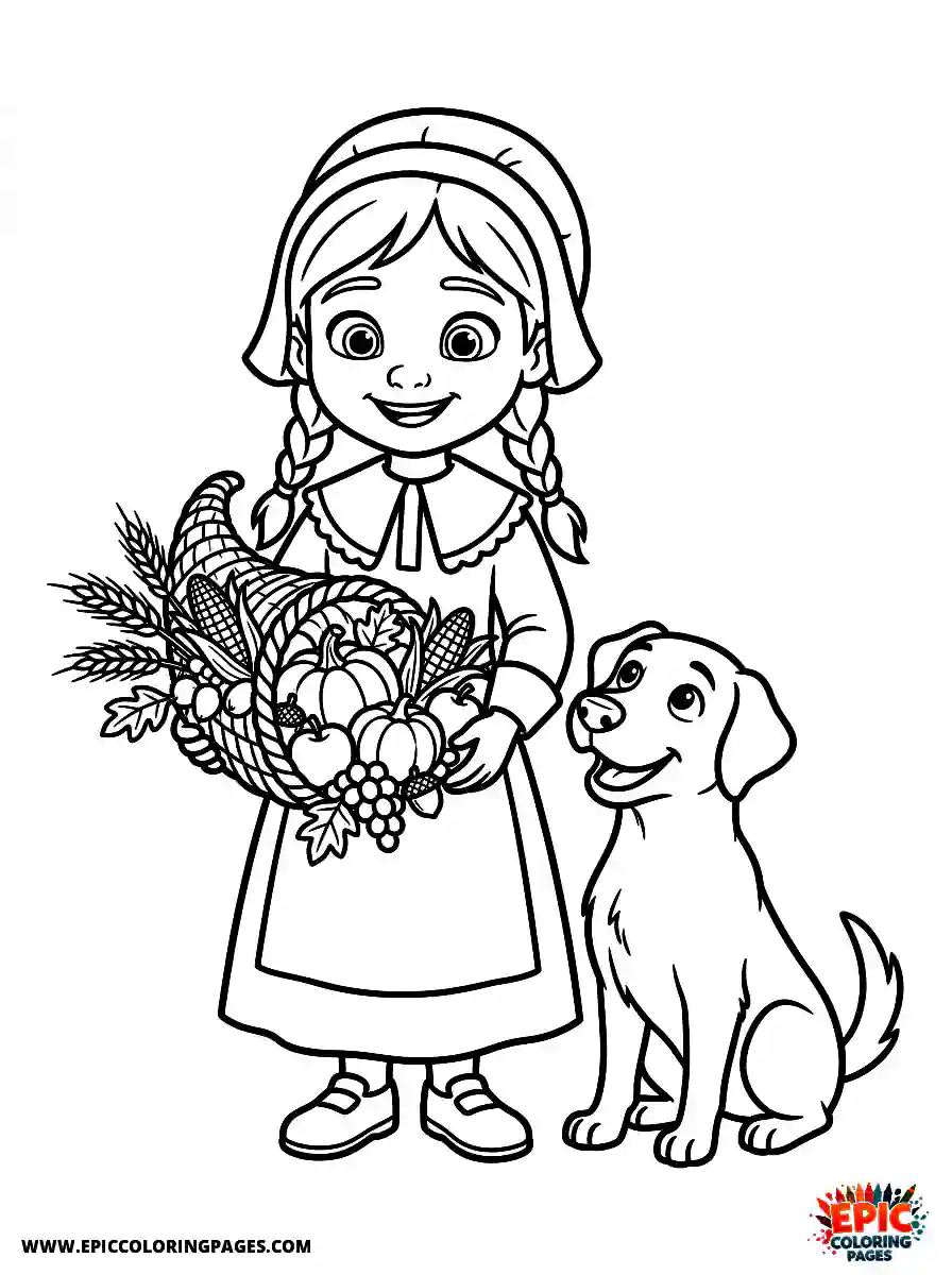 Girl with Dog Cute girl with dog pixar style holding a cornucopia thanksgiving wearing a pilgrim collar