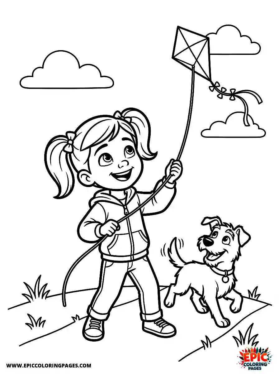 Girl with Dog Cute girl with dog pixar style holding a flying kite string wearing a windbreaker