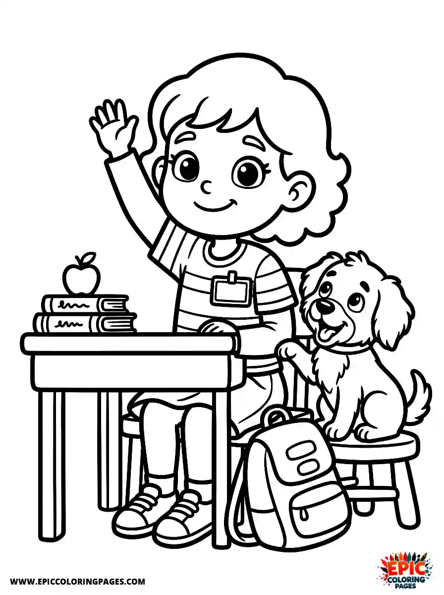 Girl with Dog Cute girl with dog raising a hand to answer wearing a name tag