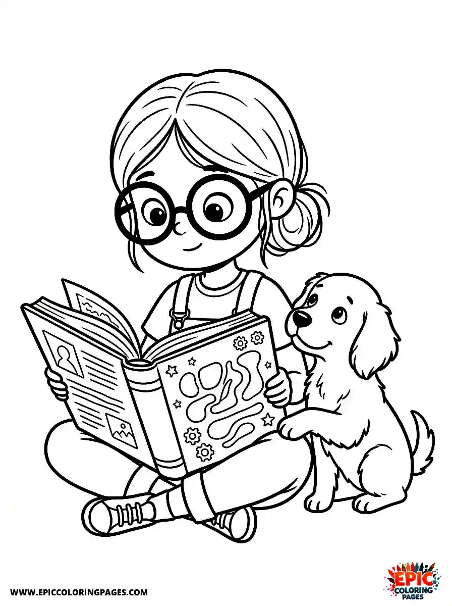 Girl with Dog Cute girl with dog reading a heavy textbook wearing oversized glasses