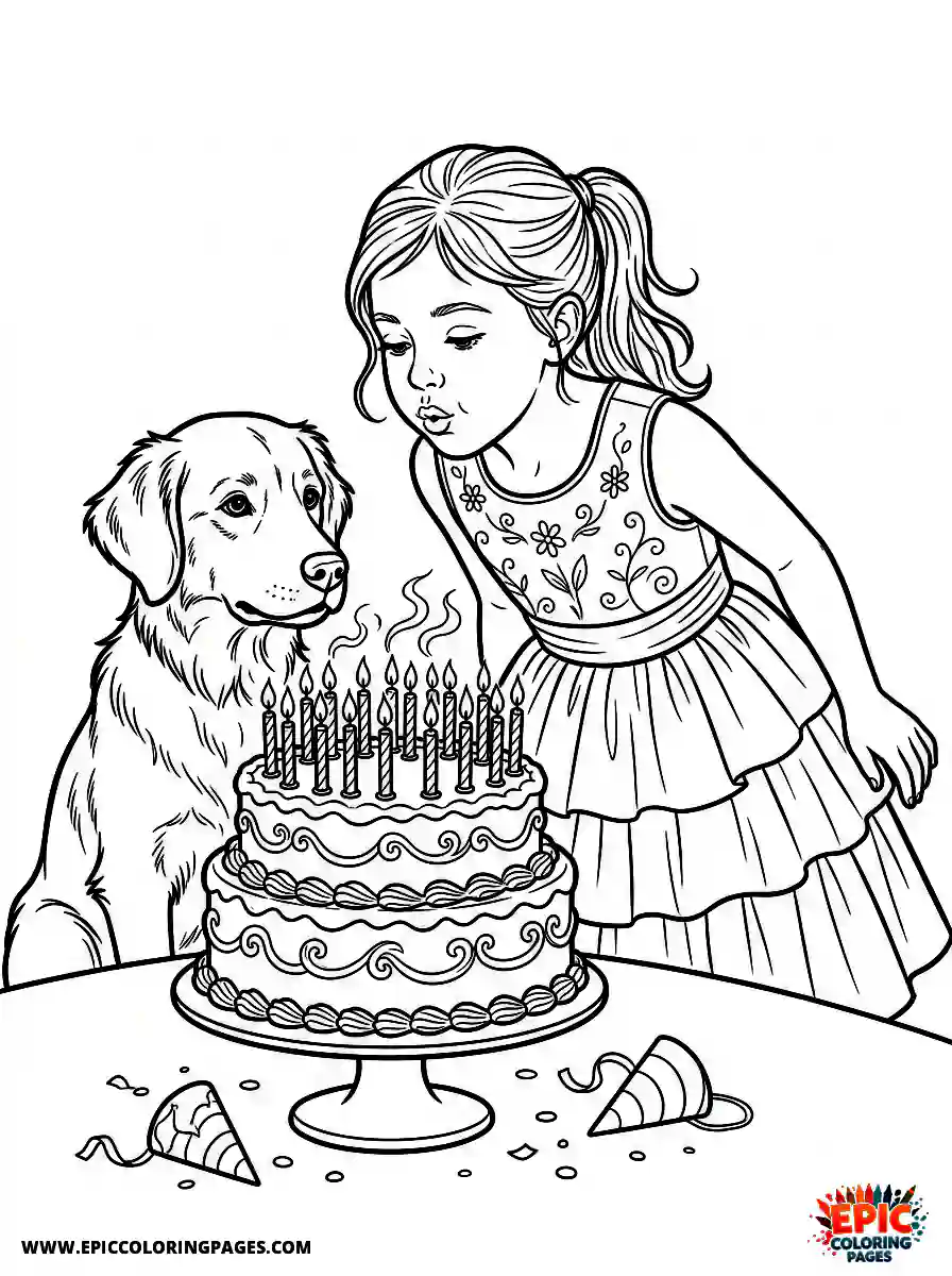 Girl with Dog Cute girl with dog realistic blowing out numerous birthday candles wearing a formal party dress