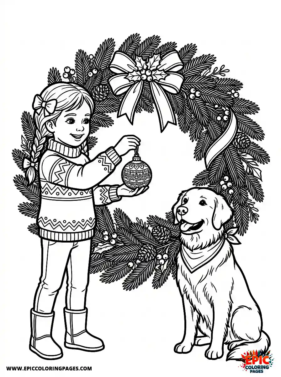 Girl with Dog Cute girl with dog realistic decorating a fresh pine wreath holding delicate glass ornaments