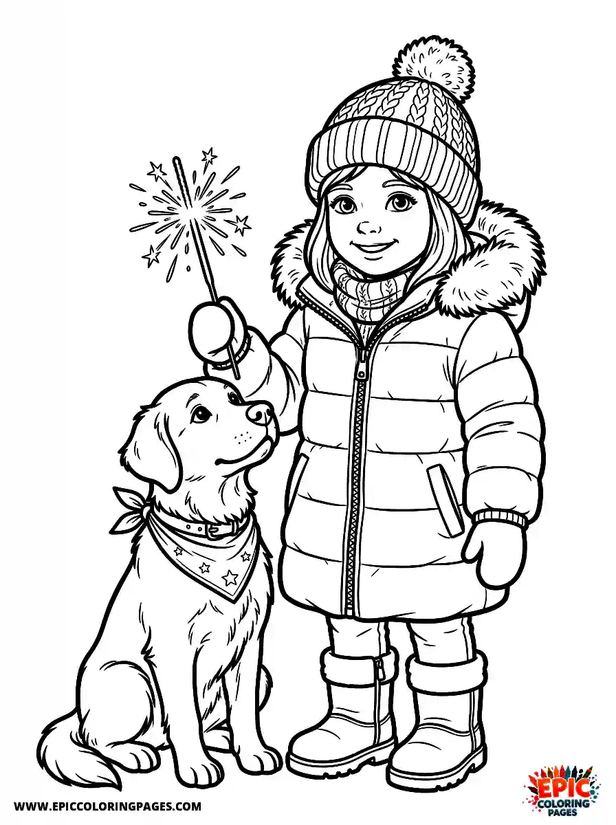 Girl with Dog Cute girl with dog realistic holding a festive sparkler wearing a heavy winter coat