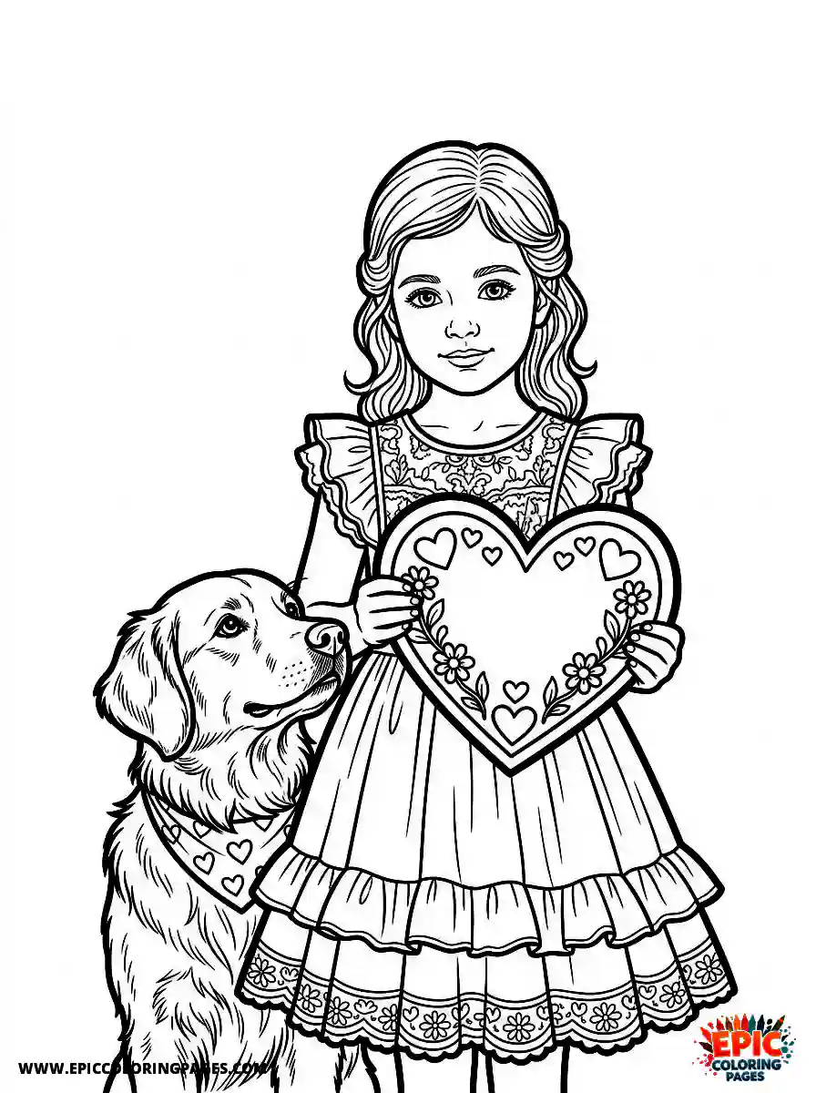 Girl with Dog Cute girl with dog realistic holding a heart shaped valentine card valentines wearing a romantic lace dress