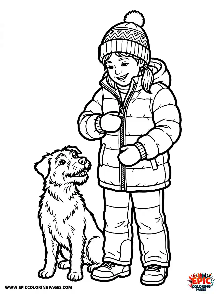 Girl with Dog Cute girl with dog realistic putting on a thick winter coat zipping up the front zipper