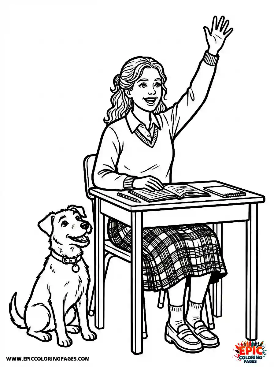 Girl with Dog Cute girl with dog realistic raising a hand eagerly wearing a plaid pleated skirt