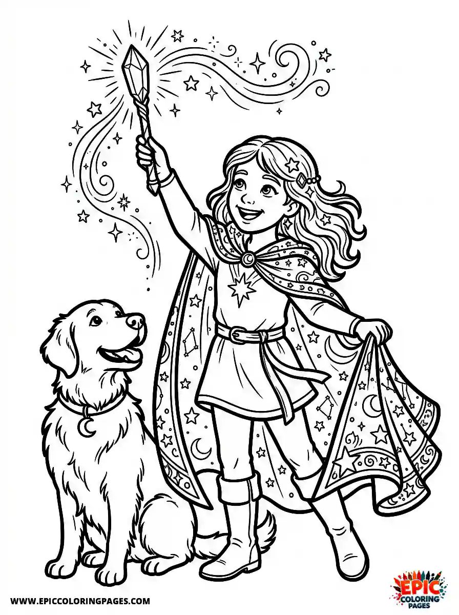 Girl with Dog Cute girl with dog realistic waving a glowing crystal wand wearing a majestic starry cloak