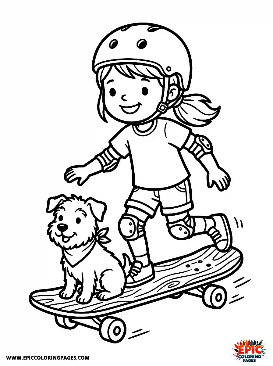 Girl with Dog Cute girl with dog riding a wooden skateboard wearing a safety helmet