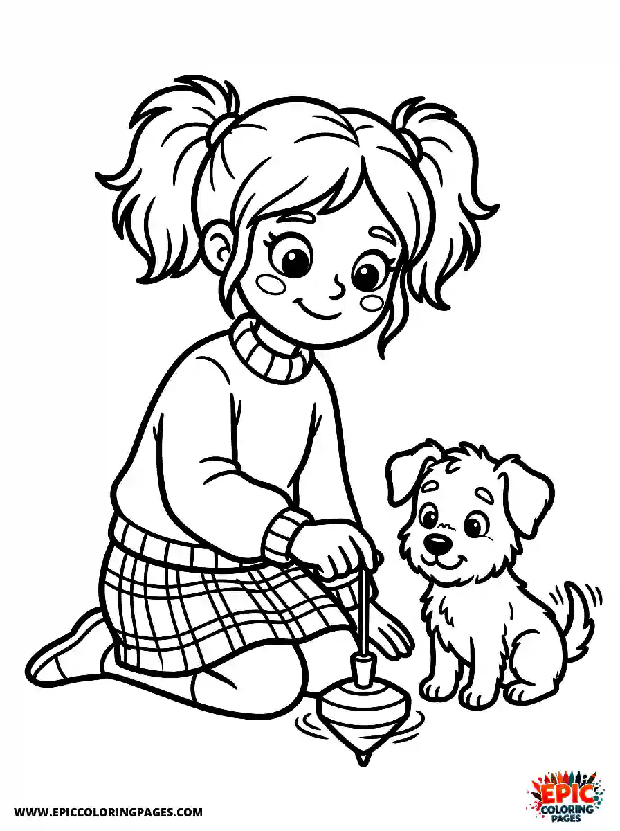 Girl with Dog Cute girl with dog spinning a plastic toy top wearing a plaid skirt