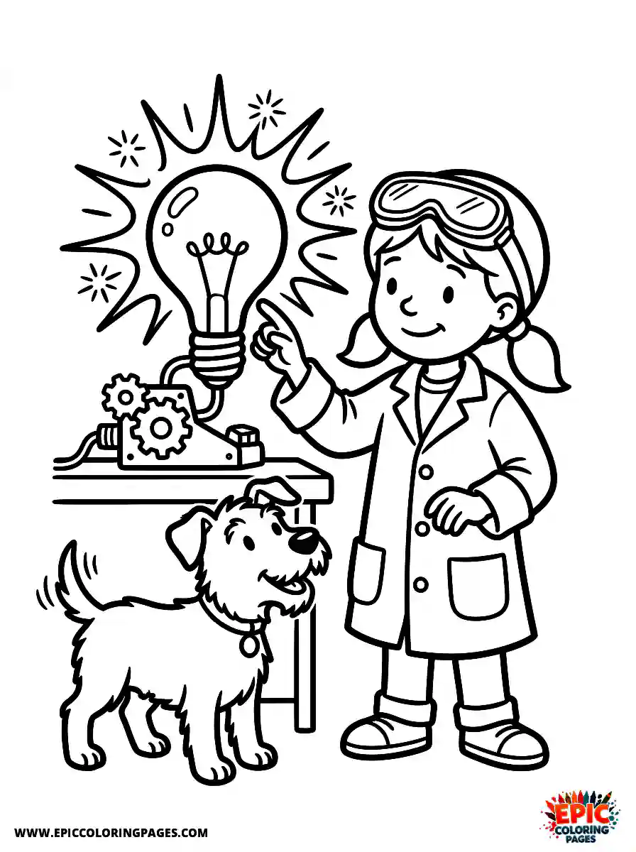 Girl with Dog Cute girl with dog touching a glowing lightbulb wearing an inventor smock