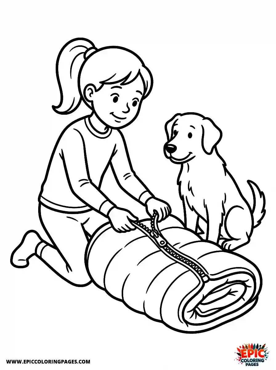 Girl with Dog Cute girl with dog unzipping a bulky sleeping bag wearing thermal underwear