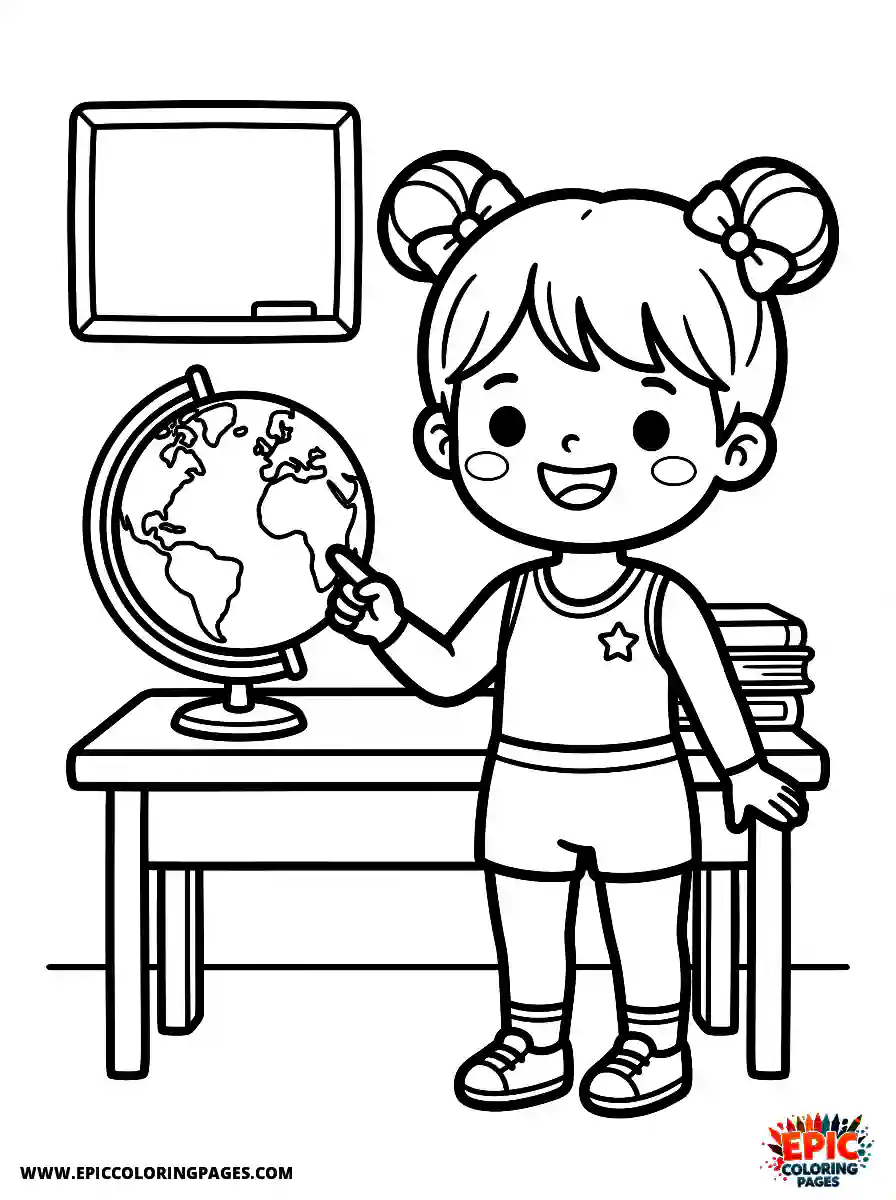 Gymnast Girl Cute gymnast girl kawaii style pointing at a globe with a smile