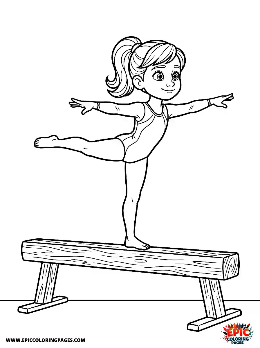 Gymnast Girl Cute gymnast girl pixar style holding balance on a wooden beam