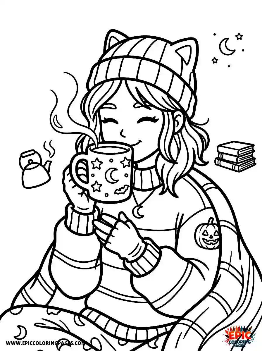 Halloween Girl Cute halloween girl drinking hot cocoa evening routine holding a ceramic mug