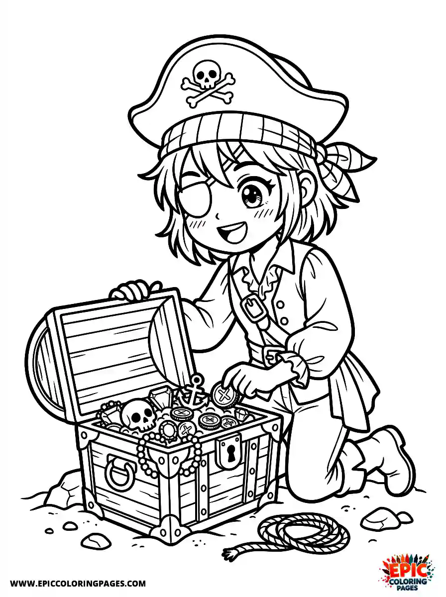 Halloween Girl Cute halloween girl manga style discovering a treasure chest pirate wearing an eye patch