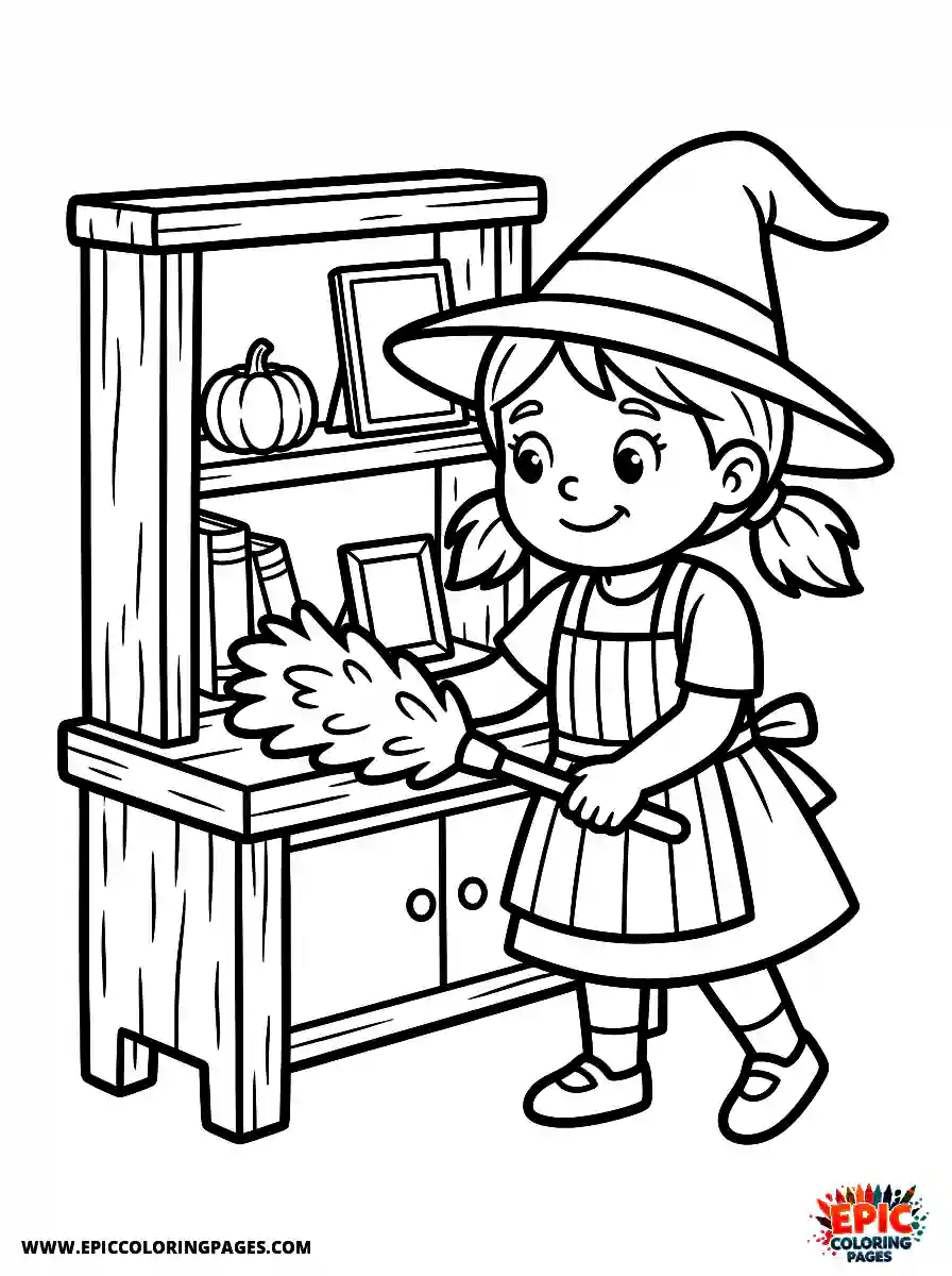 Halloween Girl Cute halloween girl realistic dusting a wooden shelf chore time holding a feather duster