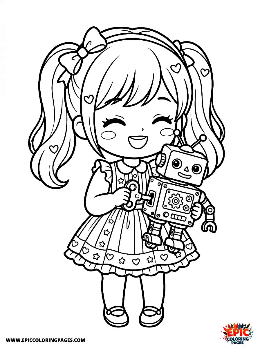 Happy Girl Cute happy girl chibi style holding a mechanical robot toy winding a key