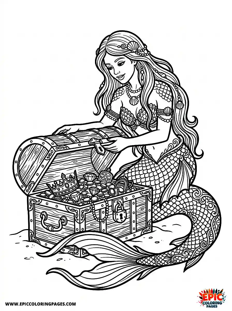 Mermaid Girl Cute mermaid girl realistic opening a treasure chest