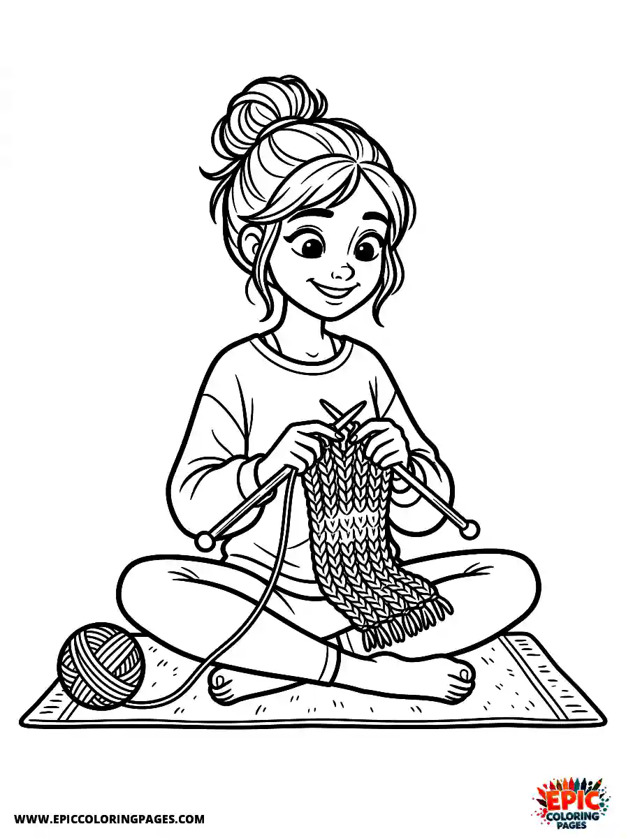 Yoga Girl Cute yoga girl pixar style knitting a scarf with yarn