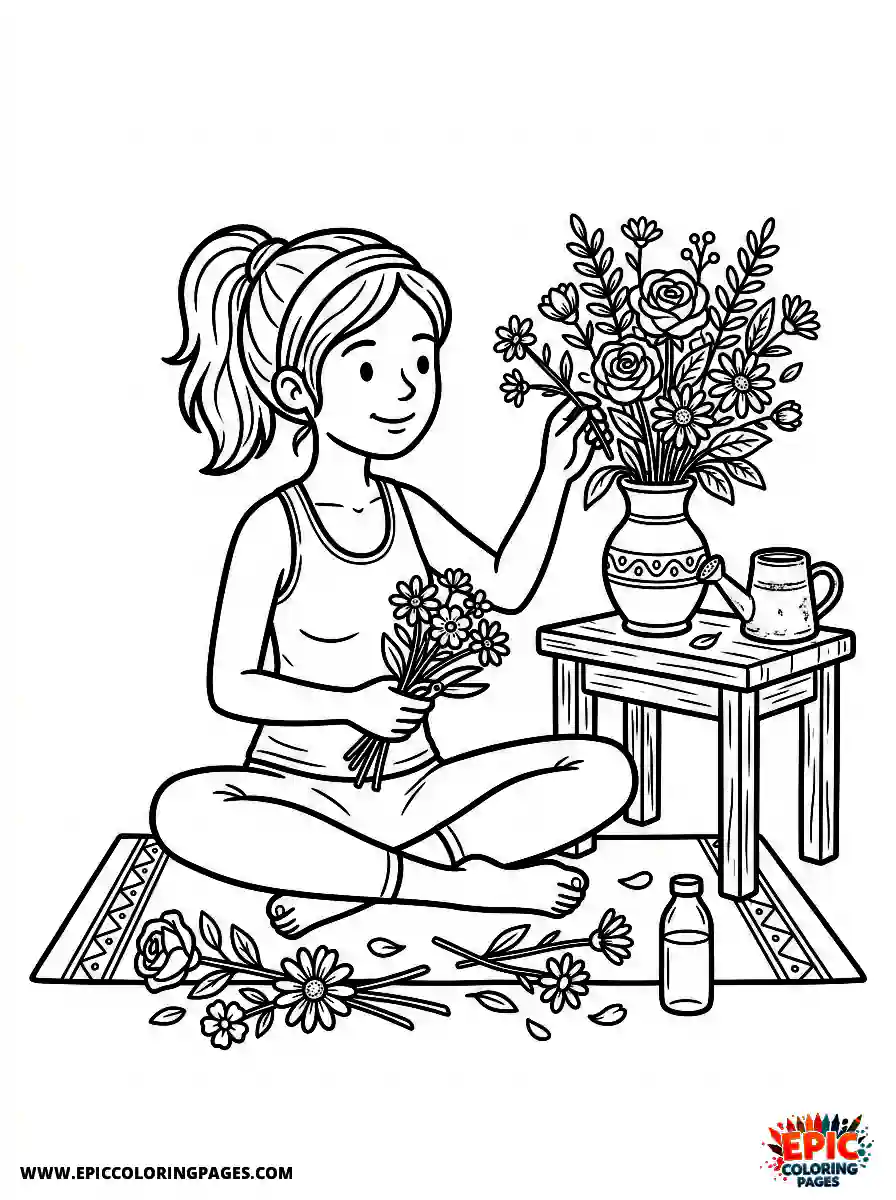 Yoga Girl Cute yoga girl realistic arranging a bouquet of flowers