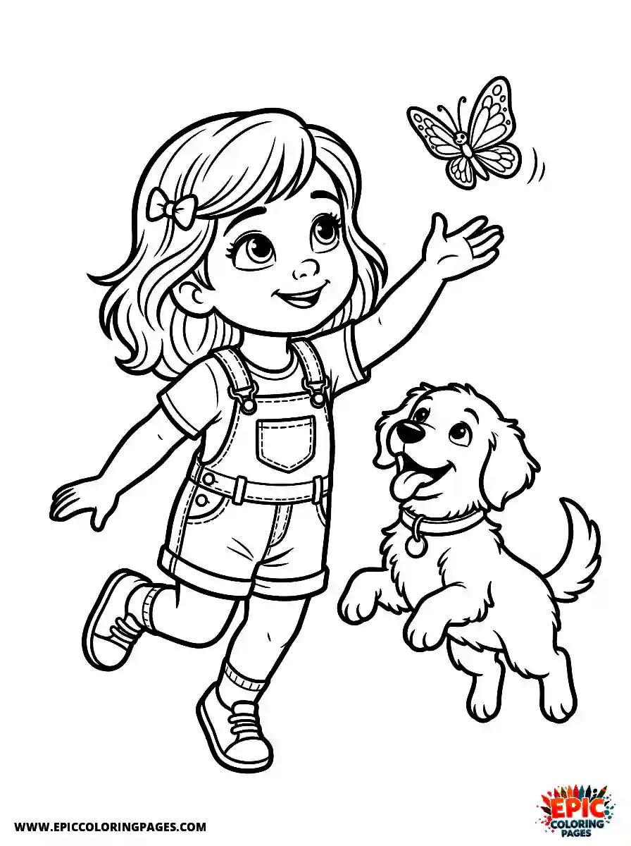 Girl with Dog Easy girl with dog 3d disney style catching a floating butterfly wearing a denim overalls