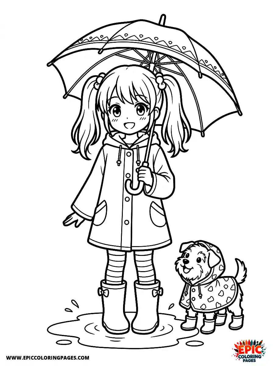 Girl with Dog Easy girl with dog anime style holding an open umbrella wearing rubber boots