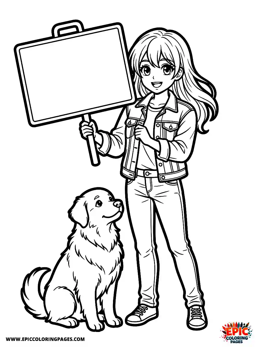 Girl with Dog Easy girl with dog anime style holding up a blank protest sign wearing a denim jacket