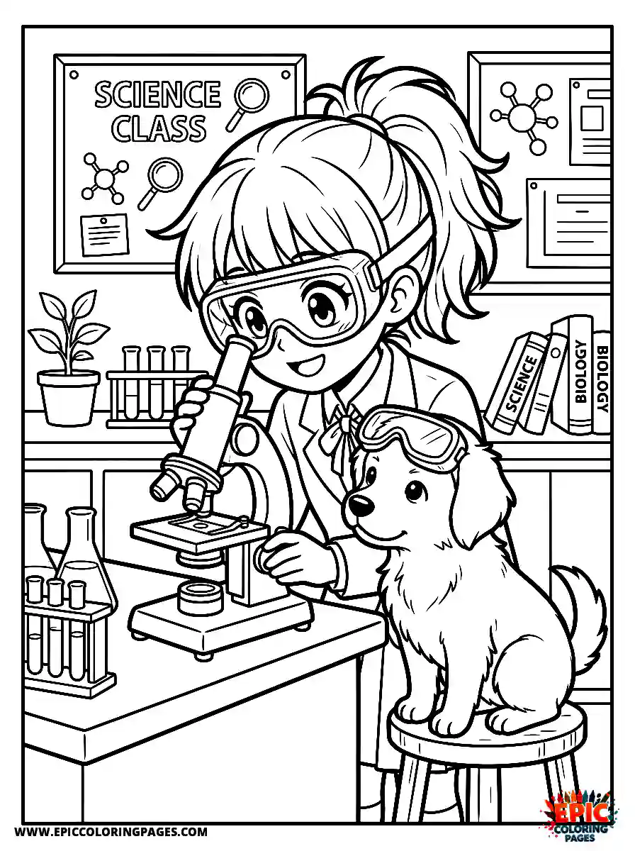 Girl with Dog Easy girl with dog anime style looking through a microscope wearing safety goggles