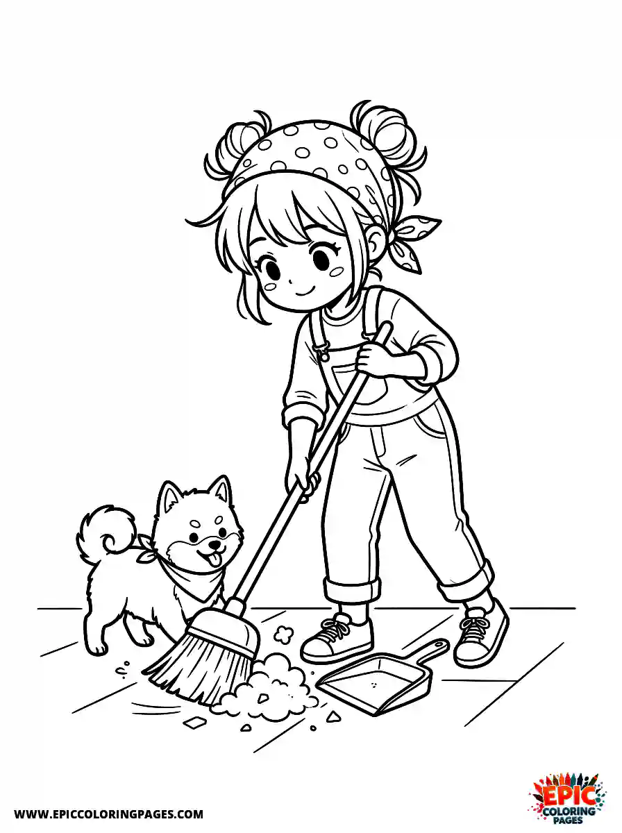 Girl with Dog Easy girl with dog anime style sweeping the floor with a broom wearing a dust bandana
