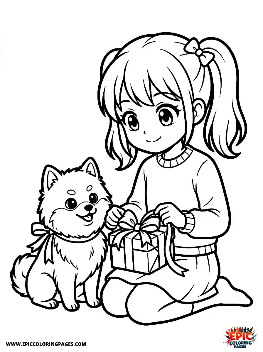 Girl with Dog Easy girl with dog anime style wrapping a small gift box wearing a festive bow
