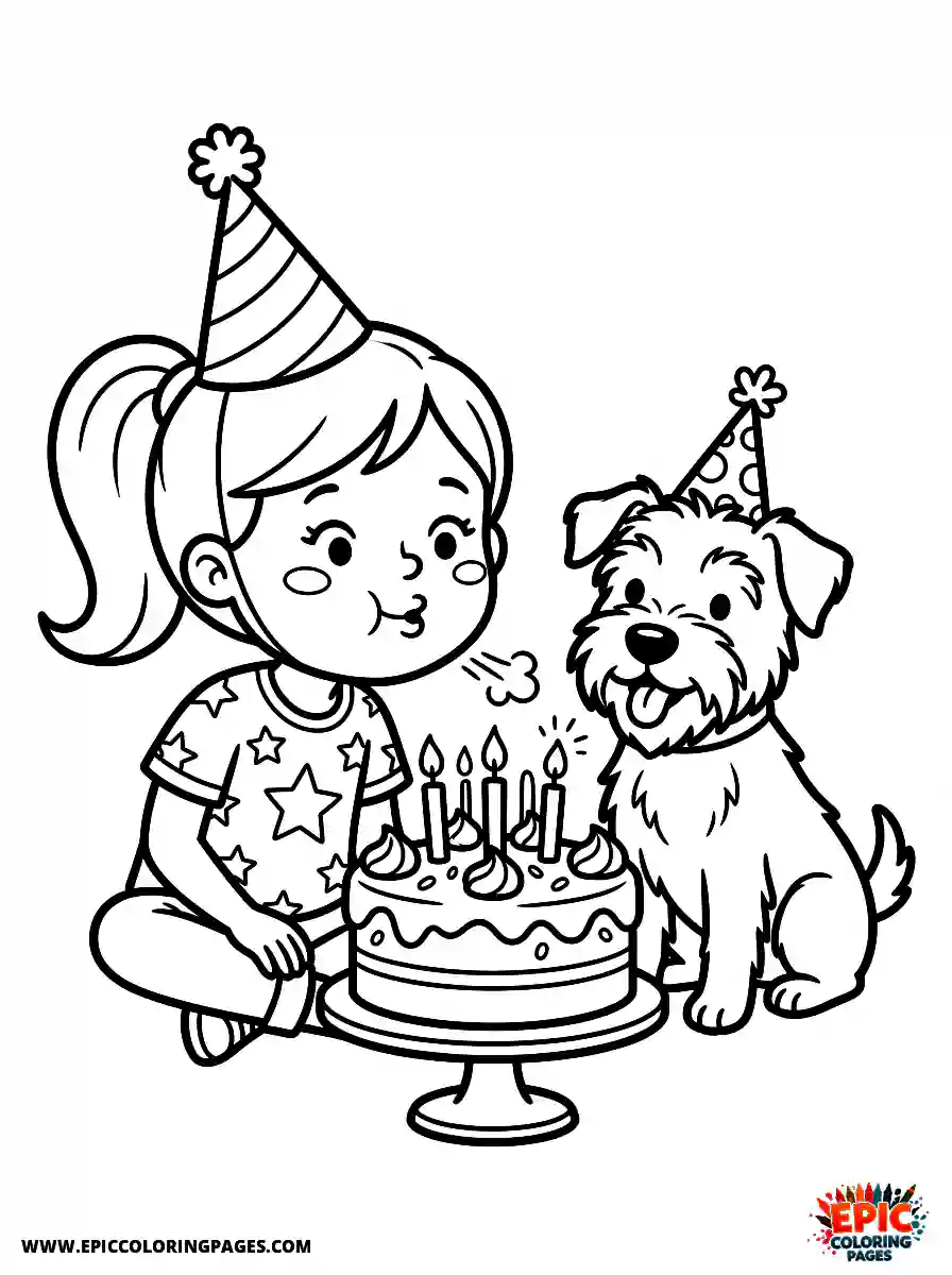 Girl with Dog Easy girl with dog blowing out candles wearing a party hat