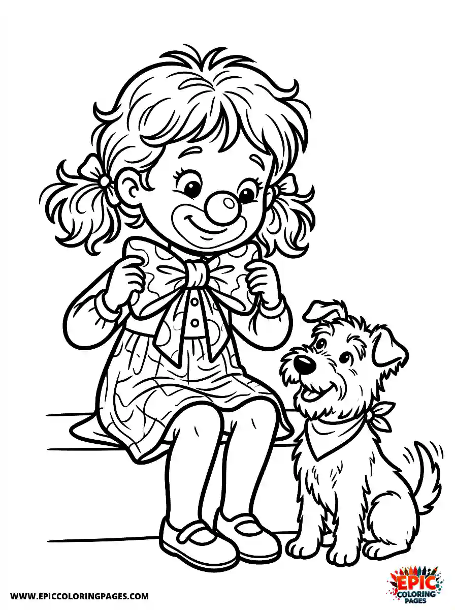 Girl with Dog Easy girl with dog cartoon style adjusting an oversized bowtie wearing a clown nose