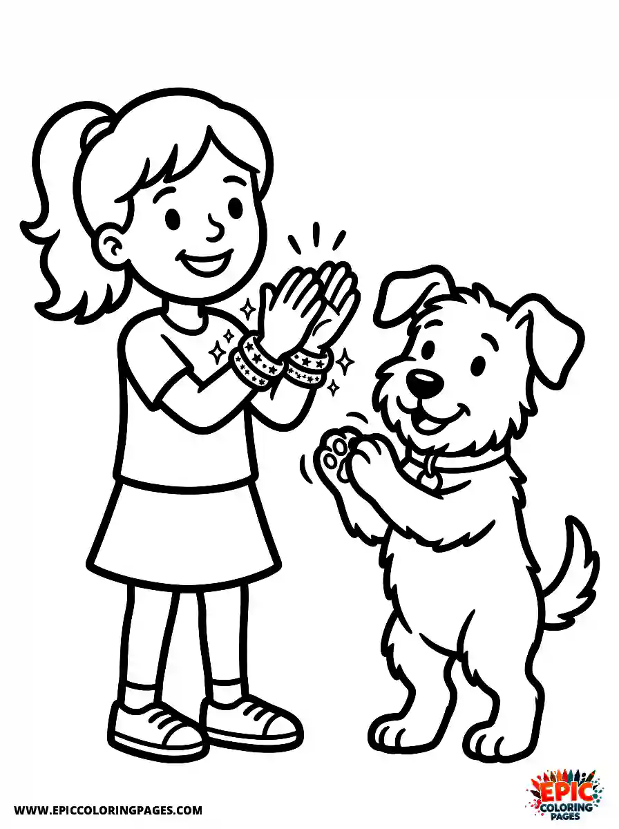 Girl with Dog Easy girl with dog cartoon style clapping hands together wearing sparkling bracelets