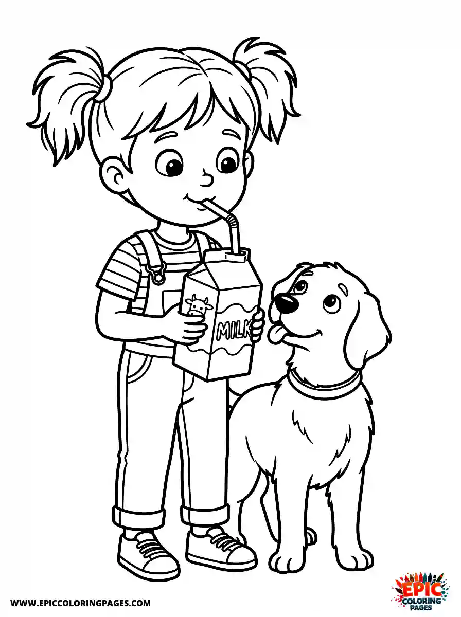 Girl with Dog Easy girl with dog cartoon style drinking a carton of milk holding a straw