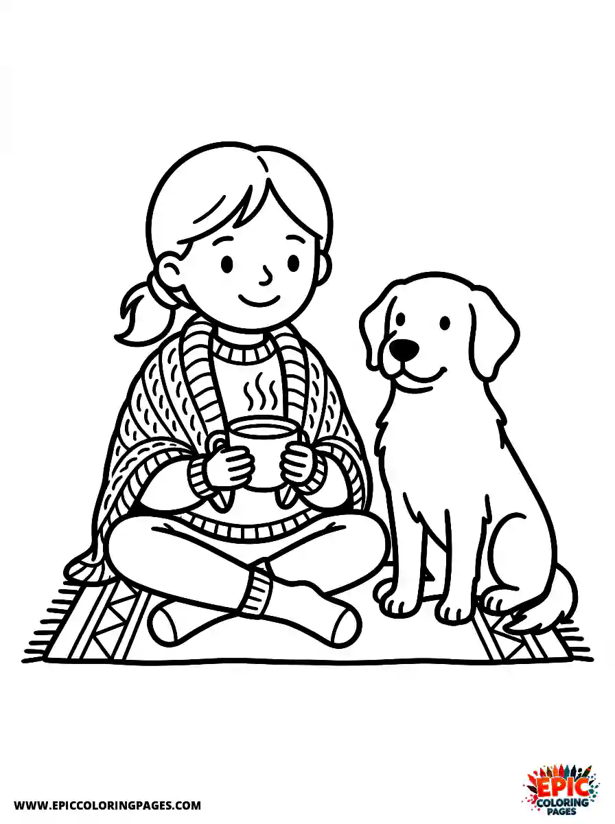 Girl with Dog Easy girl with dog cartoon style holding a steaming cup of tea wearing a knitted shawl