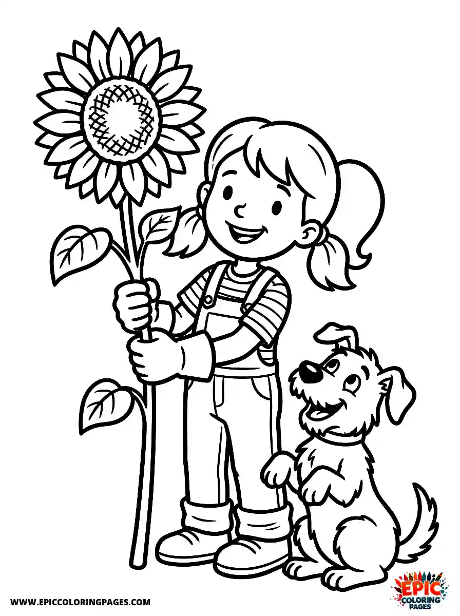 Girl with Dog Easy girl with dog cartoon style holding a tall vibrant sunflower wearing gardening gloves