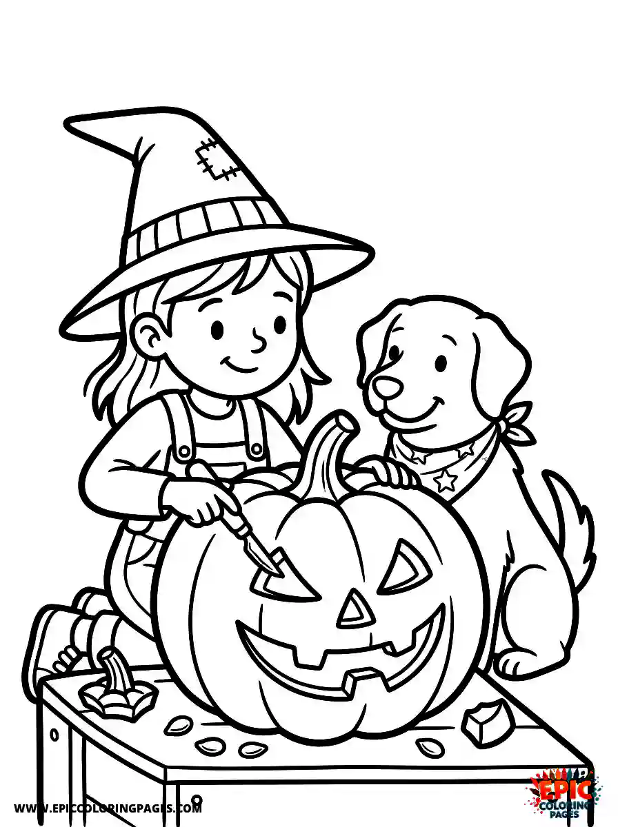 Girl with Dog Easy girl with dog carving a huge pumpkin wearing a witch hat