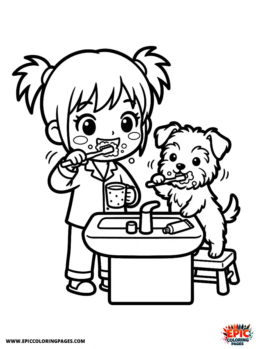 Girl with Dog Easy girl with dog chibi style brushing teeth vigorously holding a cup of water