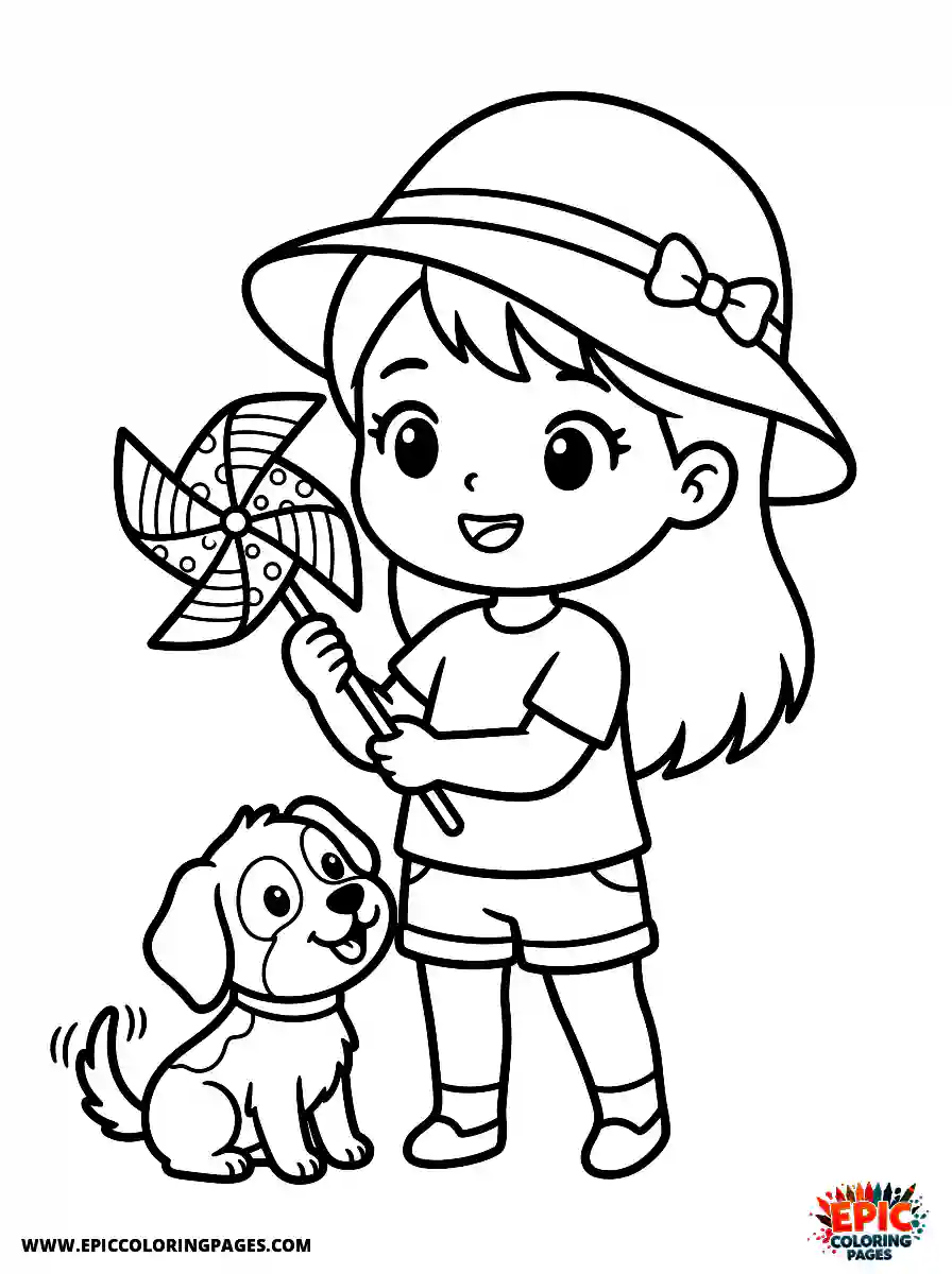Girl with Dog Easy girl with dog chibi style holding a colorful spinning pinwheel wearing a summer hat