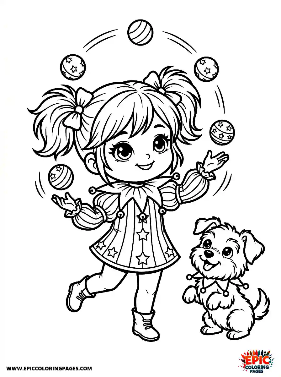 Girl with Dog Easy girl with dog chibi style juggling three small balls wearing a jester collar