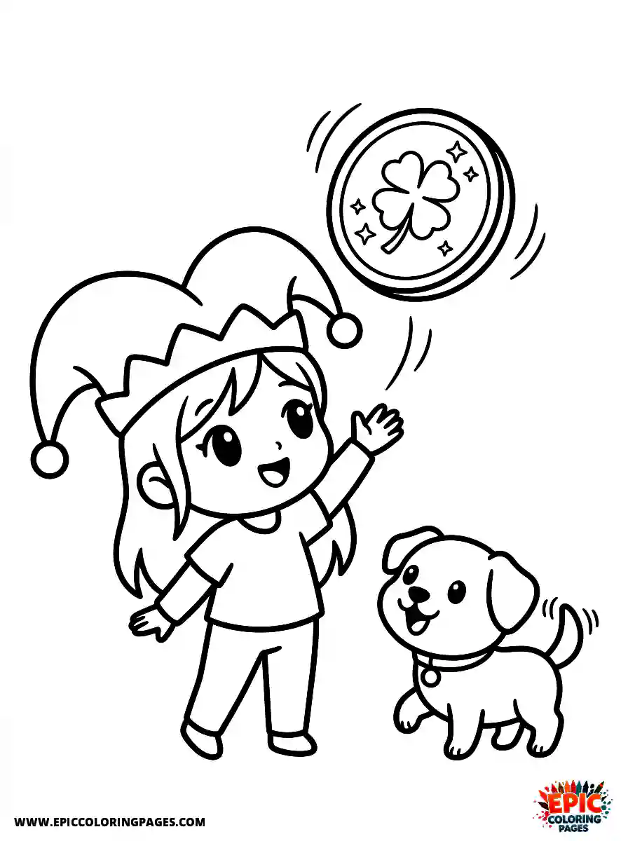 Girl with Dog Easy girl with dog chibi style tossing a lucky coin wearing a jester hat