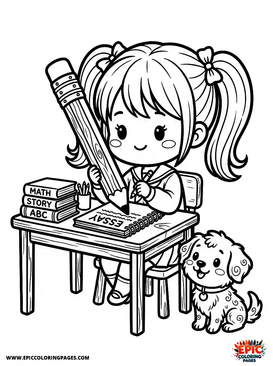 Girl with Dog Easy girl with dog chibi style writing an essay holding a giant pencil