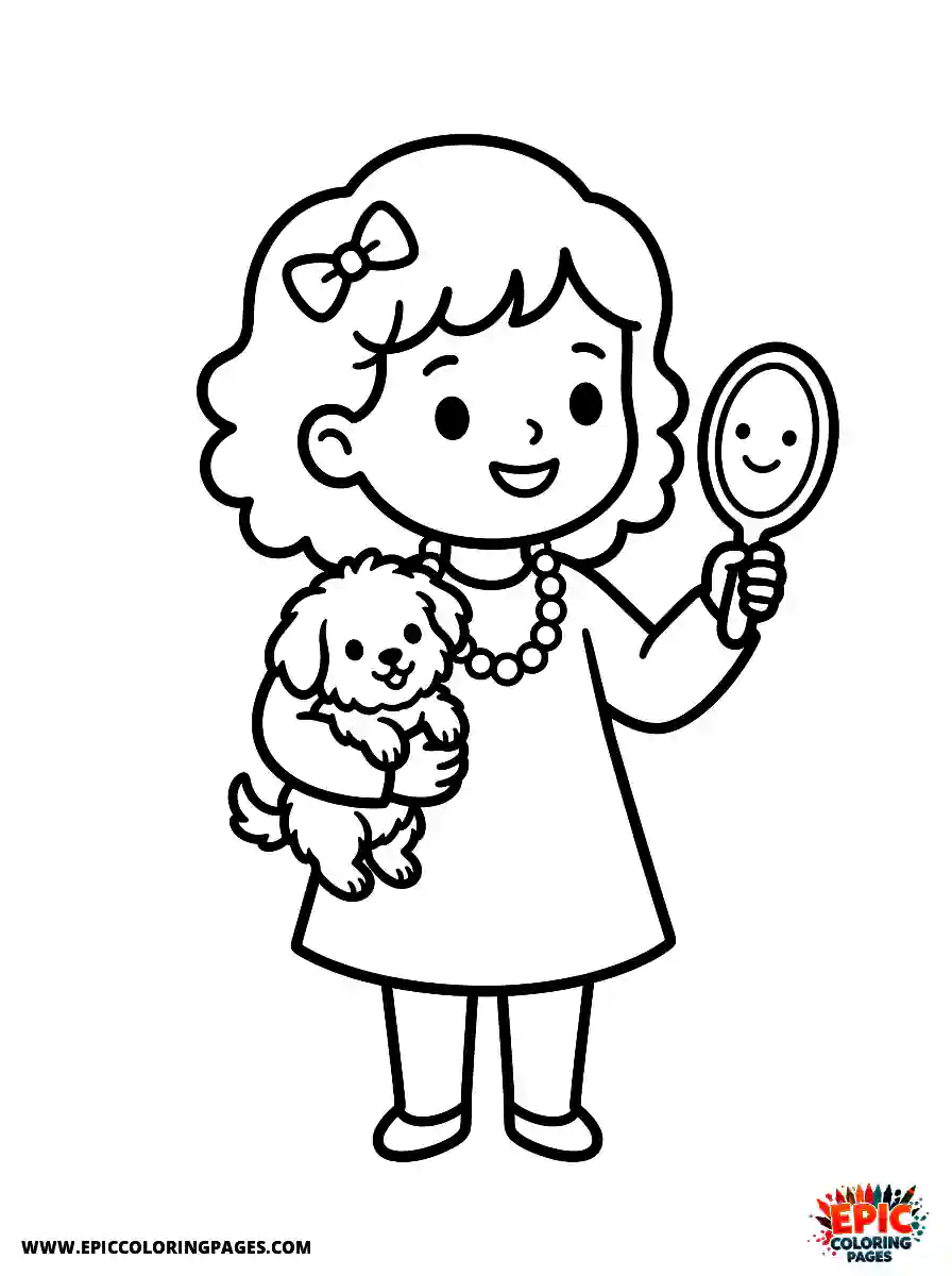Girl with Dog Easy girl with dog holding a small hand mirror wearing a pearl necklace