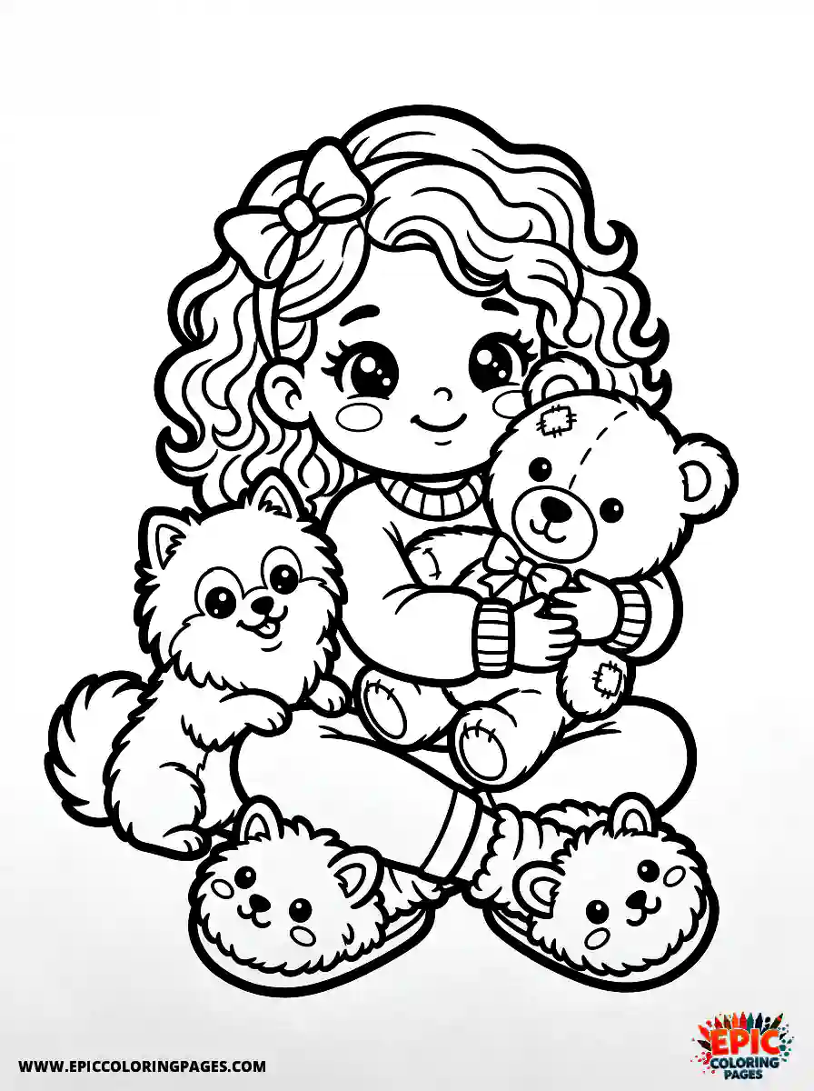 Girl with Dog Easy girl with dog kawaii style squeezing a soft teddy bear wearing fuzzy slippers
