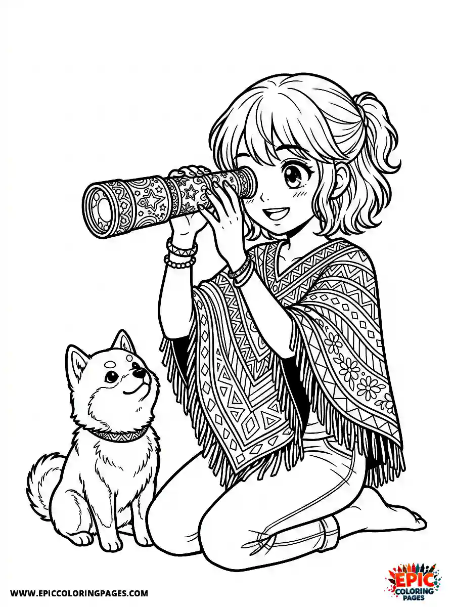 Girl with Dog Easy girl with dog manga style looking through a kaleidoscope wearing a colorful poncho