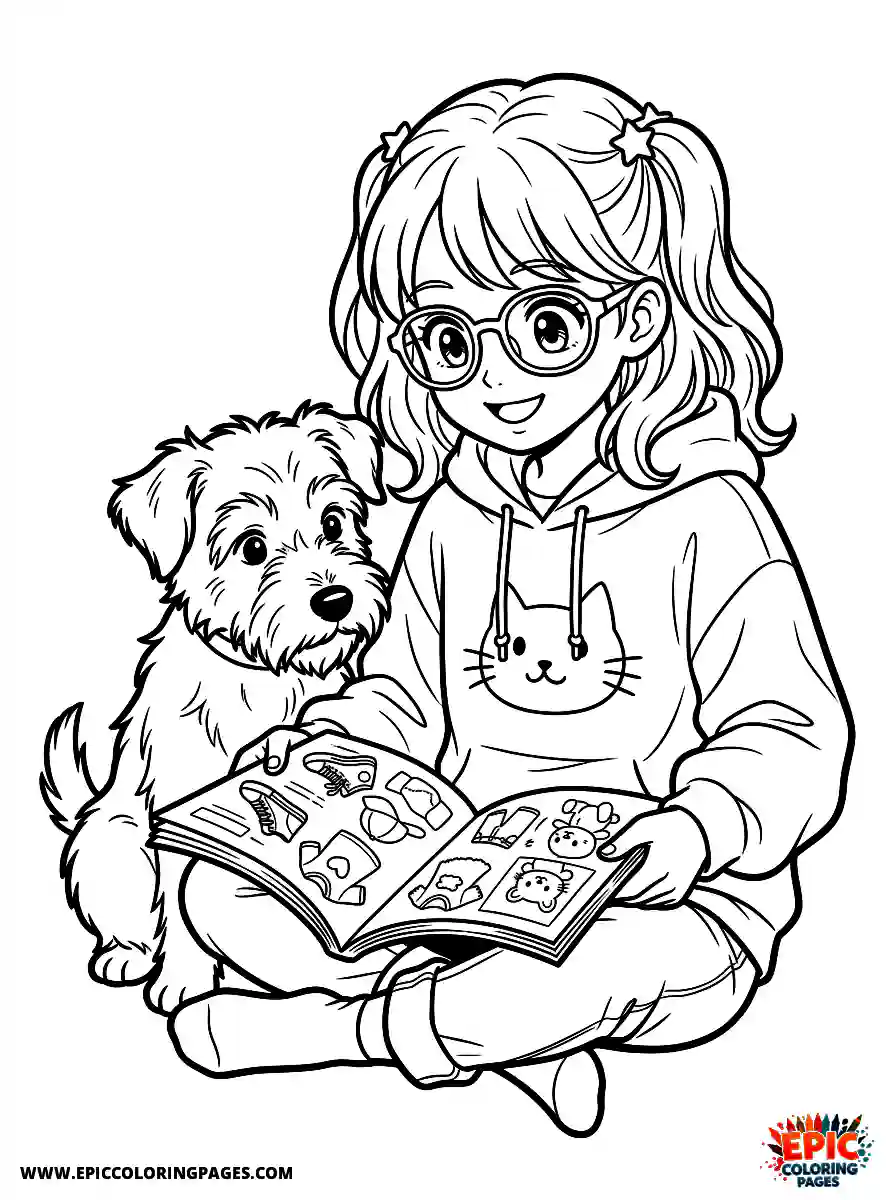 Girl with Dog Easy girl with dog manga style reading a glossy magazine wearing trendy glasses